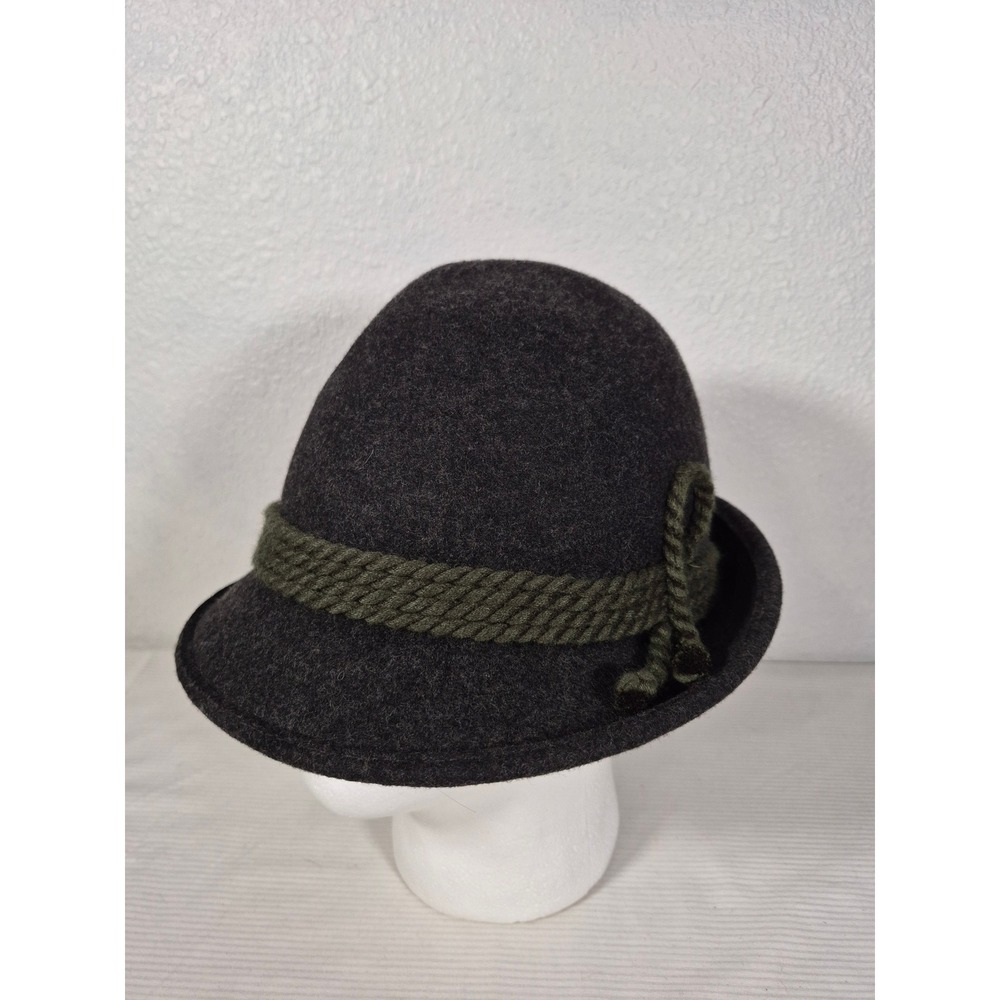 Vintage 100% Wool Tyrolean Alpine Hat Charcoal Grey Green Rope Band Size 60 XL